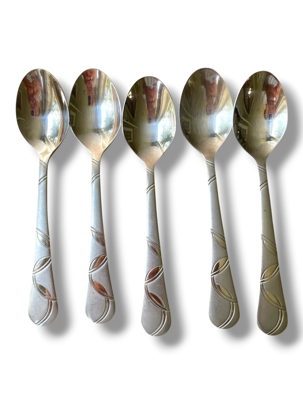 Cambridge stainless, 5 spoons, Felicity pattern, frosted and shiny
